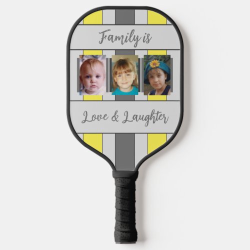 Add photos and a name stripes yellow grey pickleball paddle