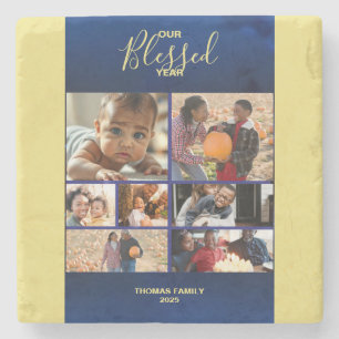 Add Photos Blessed Year Family Photo Collage Stone Coaster