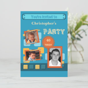 Add photos for men any age blue 40th party invitation