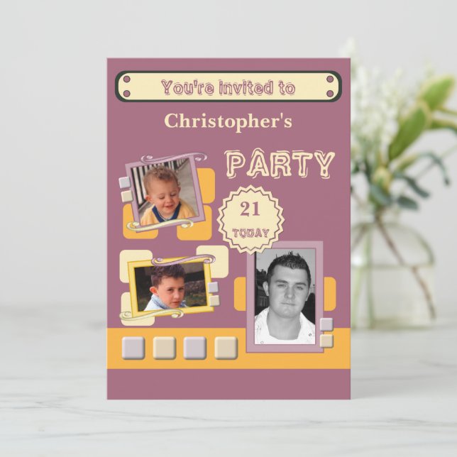 Add photos for men any age burgundy 21st party invitation (Standing Front)