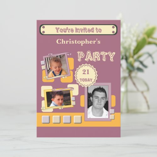 Add photos for men any age burgundy 21st party invitation