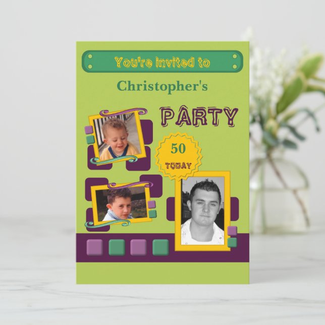 Add photos for men any age green 50th party invitation (Standing Front)