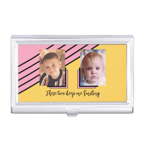 Add photos keep smiling pink and yellow business card case