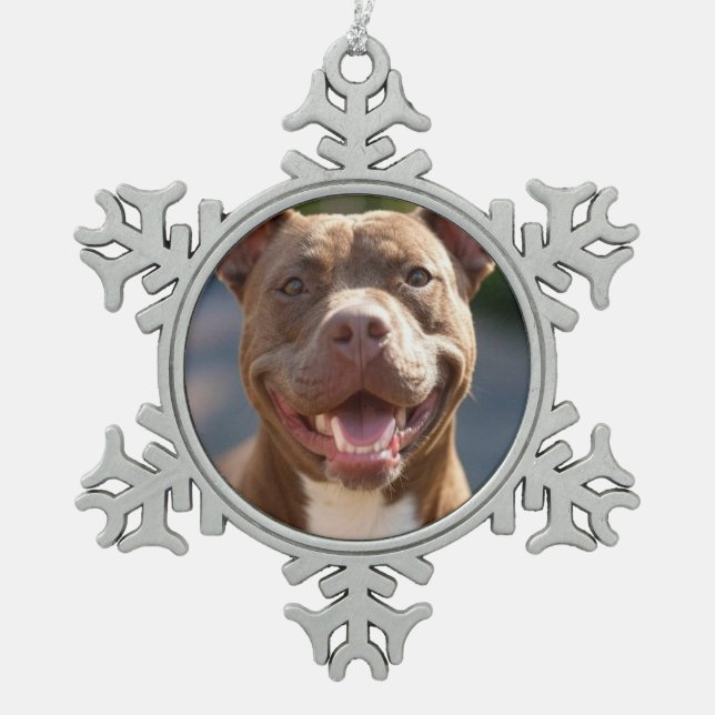 Add Pit Bull Photo Customize Snowflake Pewter Christmas Ornament (Front)