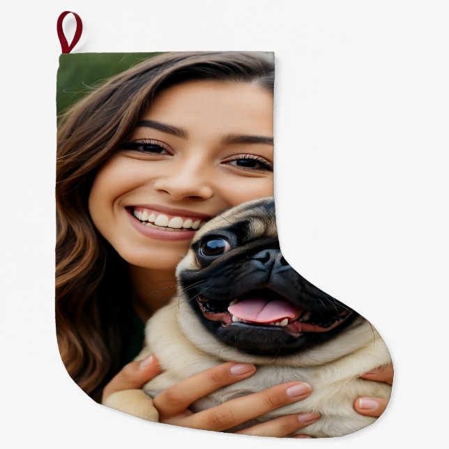 Add Pug Photo Personalize Customize Large Christmas Stocking (Front)