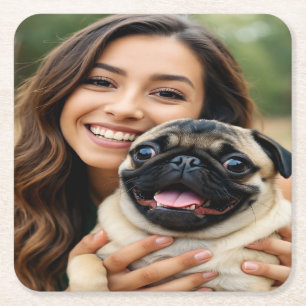 Add Pug Photo Personalize Customize Square Paper Coaster