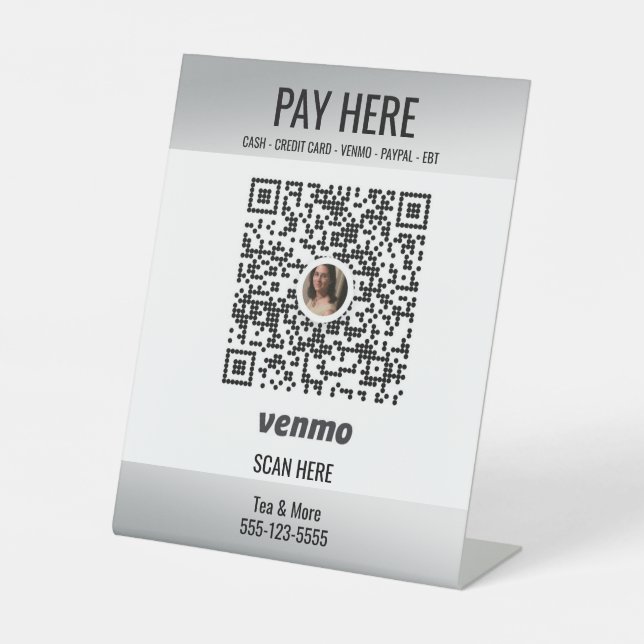 Add QR Code Venmo Small Business Silver Pedestal Sign (Front)