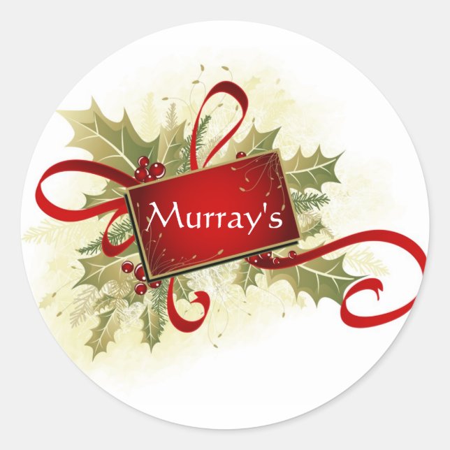 Add Text? Holly & Ribbon Christmas Stickers/Seals Classic Round Sticker (Front)