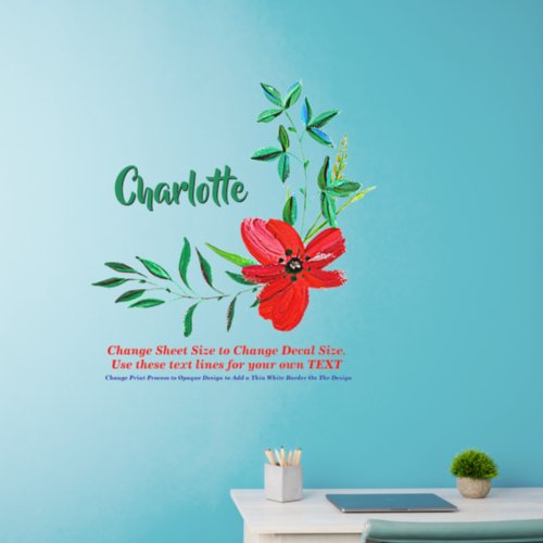 Add Text Name Red Painted Flower Green Leaves  Wall Decal