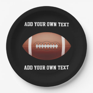 Add text on football throw pillow paper plates
