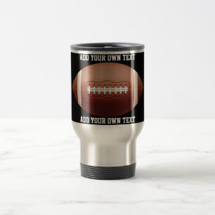 Add text on football throw pillow travel mug