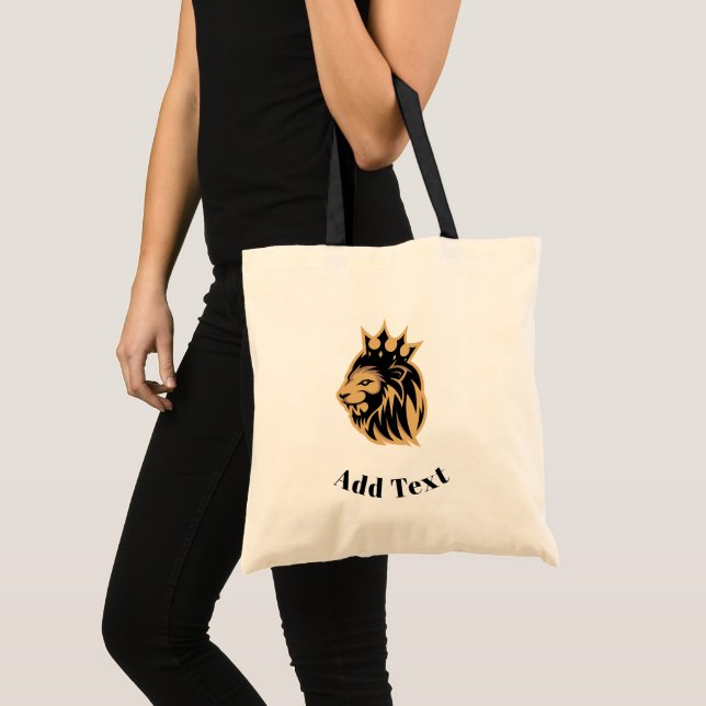 Add Text Printed Lion Head with Crown Black Budget Tote Bag (Front (Product))