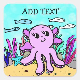 Add Text to this Purple Octopus Square Sticker