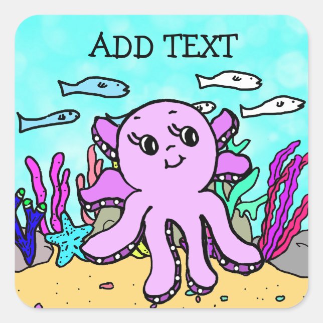 Add Text to this  Purple Octopus Square Sticker (Front)