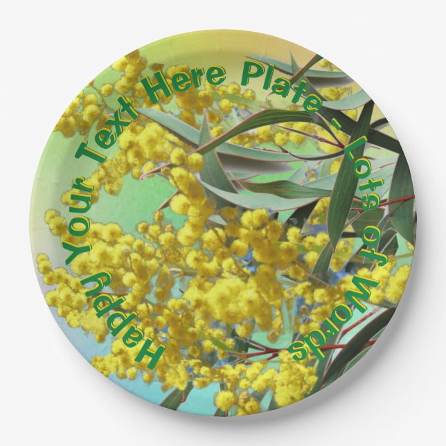 Add Text Wattle & Gum Leaves Aussie 9" Paper Plates (Front)