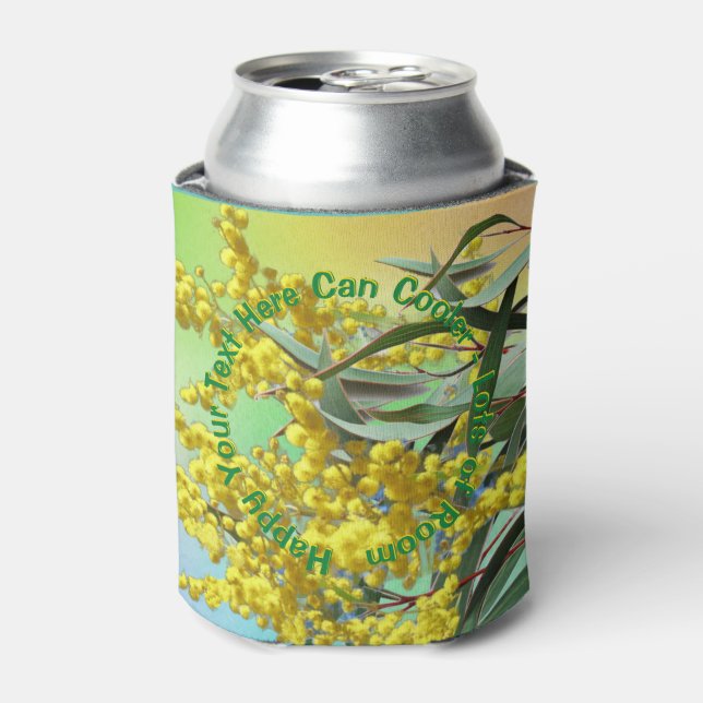 Add Text Wattle & Gum Leaves Aussie Stubby Holder Can Cooler (Can Front)