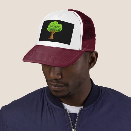 Add Text with Green Tree image Printed Baseball Trucker Hat