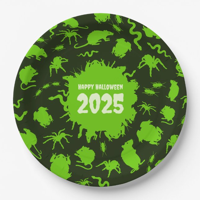 Add The Year Happy Halloween Green Creepy Crawlies Paper Plates (Front)