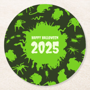 Add The Year Happy Halloween Green Creepy Crawlies Round Paper Coaster