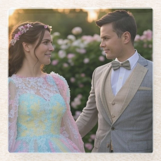 Add Wedding Photo Customize Glass Coaster (Front)