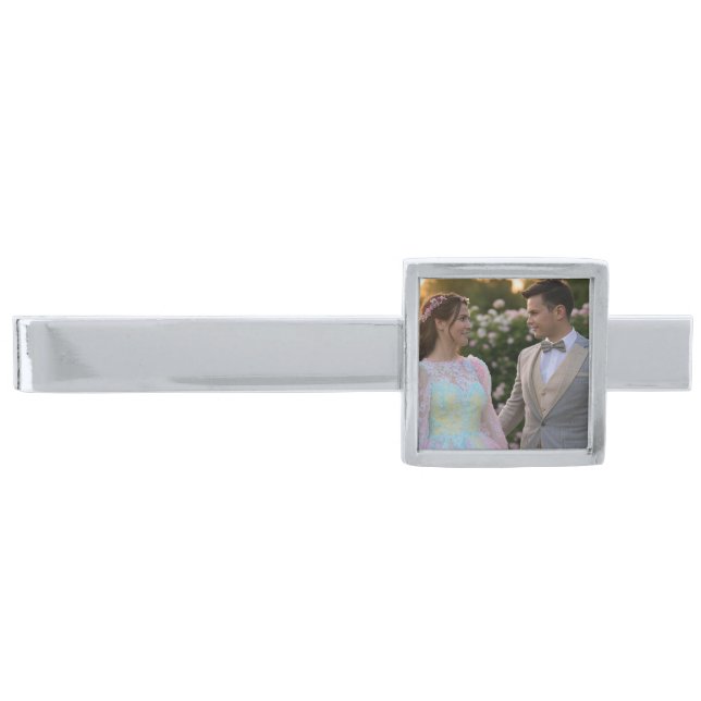 Add Wedding Photo Customize Silver Finish Tie Bar (Front)