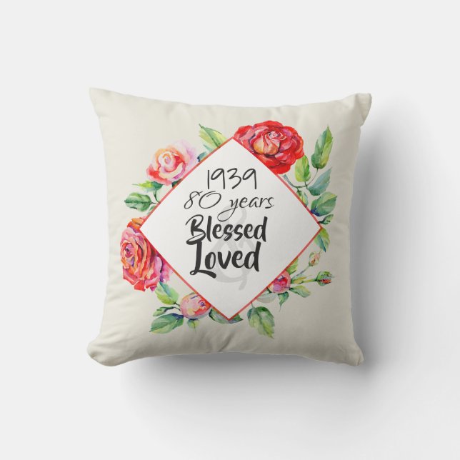 ADD Year Born AGE Birthday Gift for Women Roses Throw Pillow (Front)