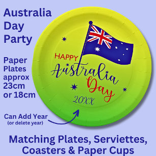 Add Year, Happy Australia Day Flag Green Gold  9" Paper Plates