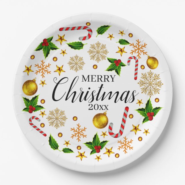 Add Year Merry Christmas 20xx Christmas Theme 9"  Paper Plates (Front)