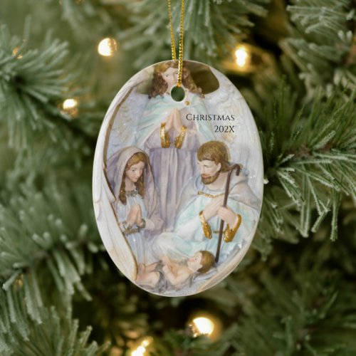 Add Year to Nativity Manger Scene Ceramic Ornament