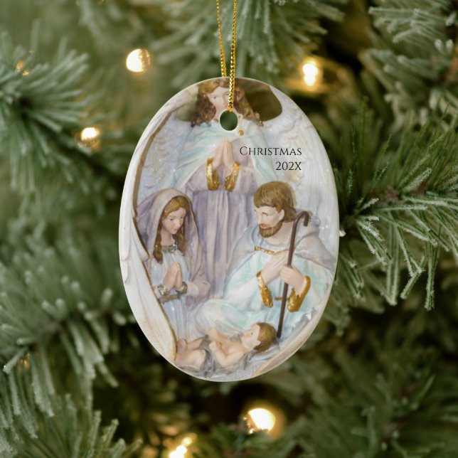 Add Year to Nativity Manger Scene Ceramic Ornament (Tree)