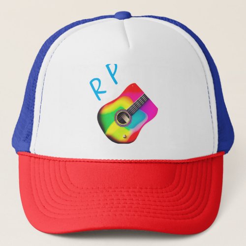 Add you name text brown acoustic guitar colorful trucker hat
