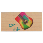Add you name text brown acoustic guitar colorful wood flash drive