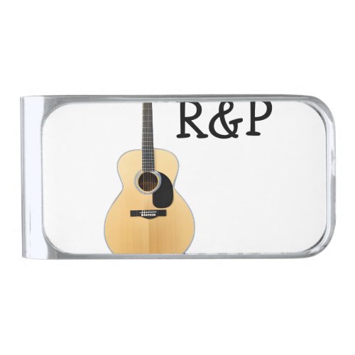 Add you name text brown acoustic guitar editable silver finish money clip