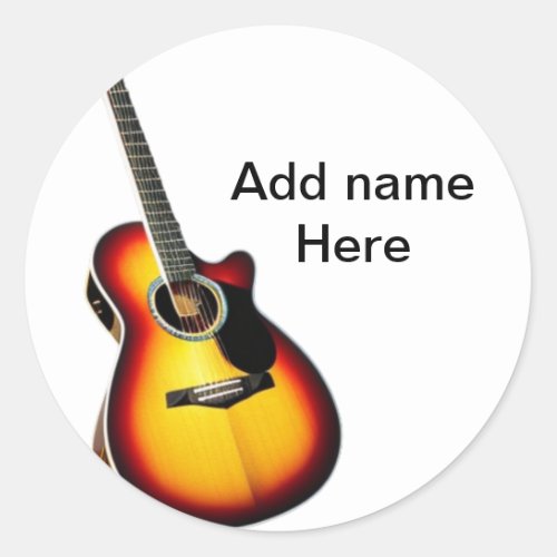 Add you name text brown acoustic guitar editable t classic round sticker