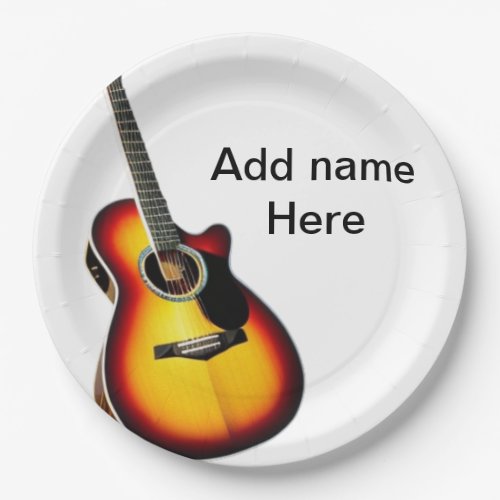 Add you name text brown acoustic guitar editable t paper plates