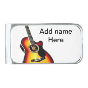 Add you name text brown acoustic guitar editable t silver finish money clip