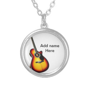 Add you name text brown acoustic guitar editable t silver plated necklace