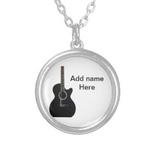 Add you name text brown acoustic guitar editable t silver plated necklace