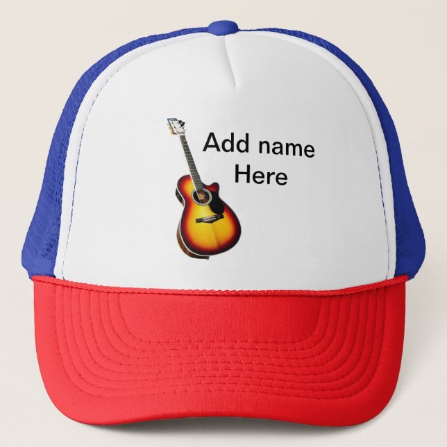 Add you name text brown acoustic guitar editable t trucker hat (Front)
