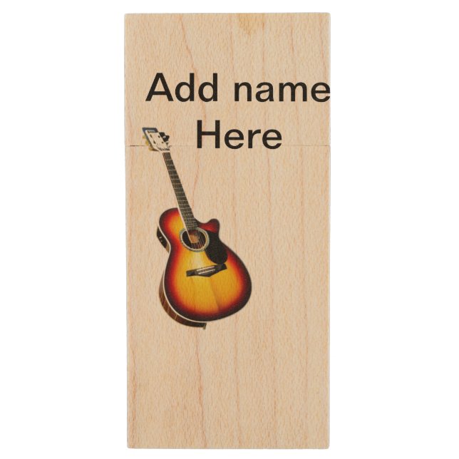 Add you name text brown acoustic guitar editable t wood flash drive (Front Vertical)