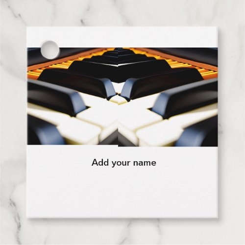 Add you name text brown black piano keys favor tags