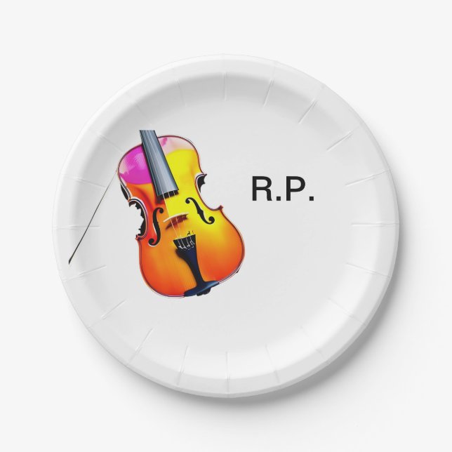 Add you name text brown violin music lover paper plates (Front)