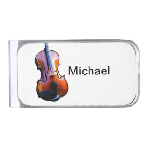 Add you name text brown violin music lover silver finish money clip