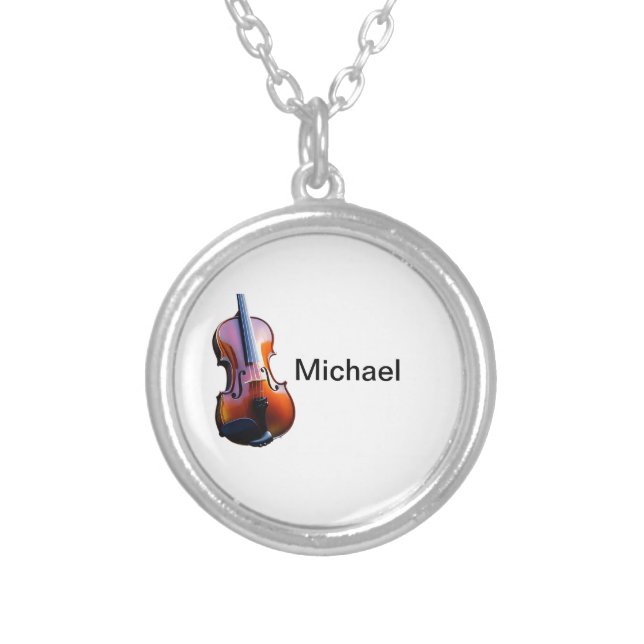 Add you name text brown violin music lover silver plated necklace (Front)
