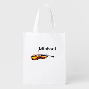 Add you name text brown violin music lover throw p grocery bag