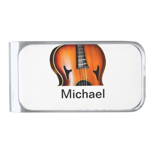Add you name text brown violin music lover throw p silver finish money clip