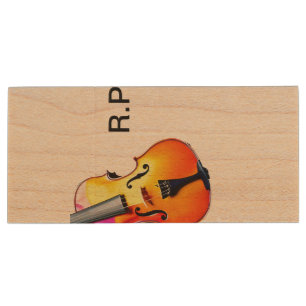 Add you name text brown violin music lover wood flash drive