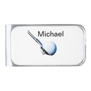 Add you name text golf ball club sports equipment silver finish money clip
