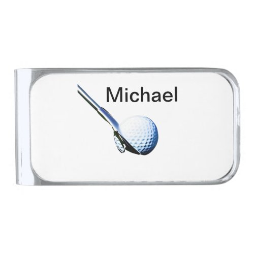 Add you name text golf ball club sports equipment  silver finish money clip