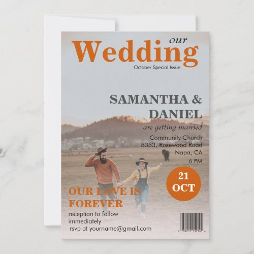 Add Your 2 Photo Magazine Burnt Orange Wedding Invitation